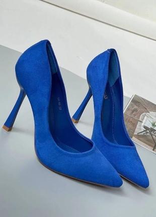 Сині туфлі човники з замші шпильці жіночі класика