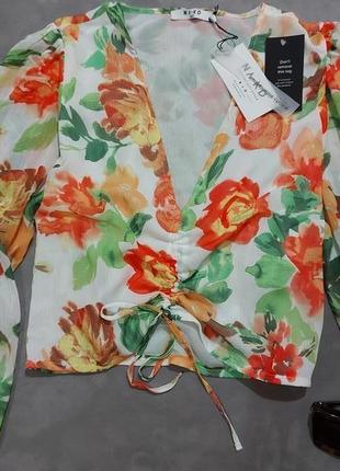 Блуза топ шифоновая с v образным вырезом с длинным рукавом, на затяжке спереди na-kd4 фото
