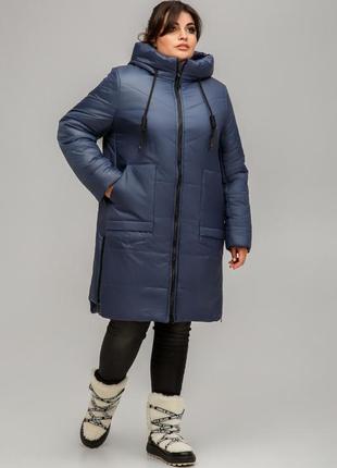 Модное утепленное женское деми пальто варшава из плащевки темно-синего цвета, батальные размеры