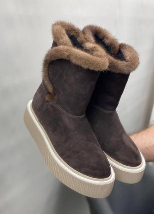 Коричневые замшевые сапоги угги угги ugg с опушкой из меха норки1 фото