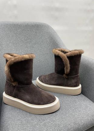 Коричневые замшевые сапоги угги угги ugg с опушкой из меха норки2 фото