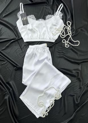 Жіноча піжама для нареченої штани та майка з мереживом