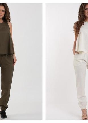 Літній брючний жіночий костюм тканина льон штани та топ розміри норма