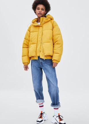 Теплая зимняя куртка пуф пуффер пуховик капюшон желтый лимонный zara