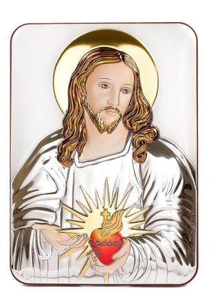 Серебряная икона "сердце иисуса" 10х14см украшена разноцветной ювелирной эмалью