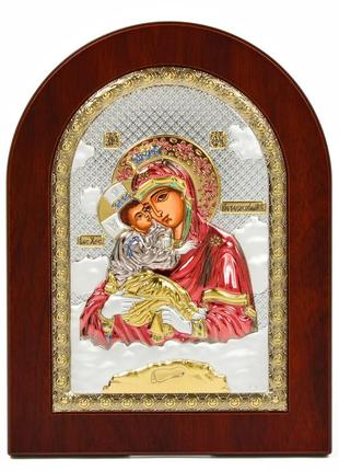 Почаївська ікона божої матері 15x21см в різнобарвній емалі аркової форми на дереві1 фото