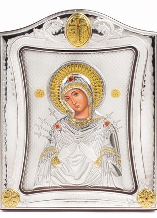 Семистрельная икона божией матери 20x25см под стеклом в серебряной рамке