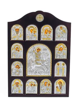 Серебряный большой иконостас со святым георгием 42х28м оклад 925 пробы с позолотой1 фото