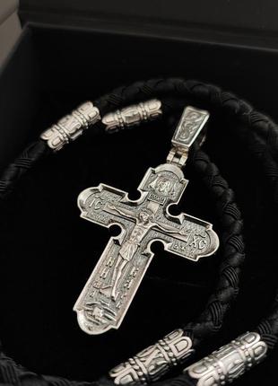 Комплект чоловічий срібний шнурок зі вставками ісхс і хрестик 925 проба чорний 846/4 + кр0176