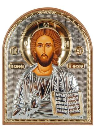 Серебряная икон иисуса христа спасителя 15,5х12см арочной формы в пластиковом киоте