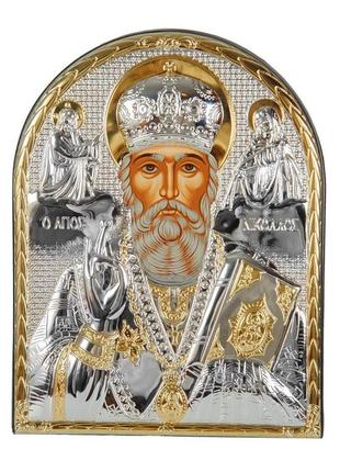 Серебряная икона николай чудотворец 10,5x8,5см обрамленная в кожаную оправу2 фото