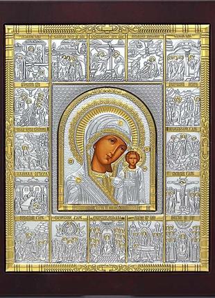 Серебряный иконостас казанской богородицы с праздниками 20,7х24,3см оклад 925 пробы с позолотой