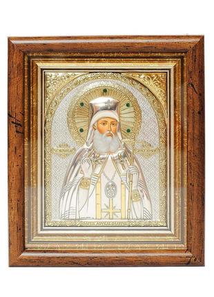 Серебряная икона луки крымского 13х11 см в киоте под стеклом украшена камнями swarovski