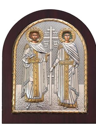 Ікона св'яті костянтин та єлена 15х19,6см в срібному окладі з позолотою