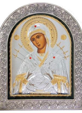 Серебряная икона семистрельная божья матерь 21х26см в арочном киоте под стеклом