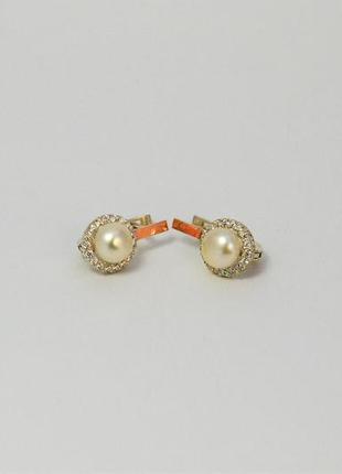 Сережки срібні з золотими напайками білими перлинами та цирконом1 фото