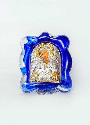 Серебряная икона семистрельная божья матерь в синем муранском стекле 7х9см