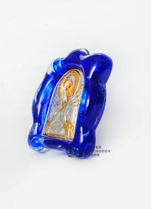 Серебряная икона семистрельная божья матерь в синем муранском стекле 7х9см