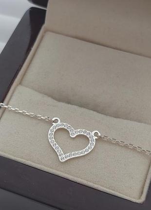 Кольє срібне з підвіскою серцем та фіанітами на ланцюжку