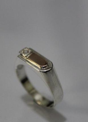 Перстень срібний із золотою напайкою та фіанітом чоловічий2 фото