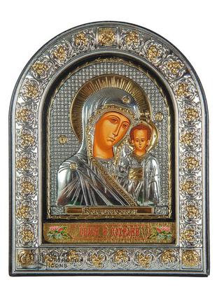 Серебряная икона казанская божья матерь 12х15,5см в арочном киоте под стеклом1 фото