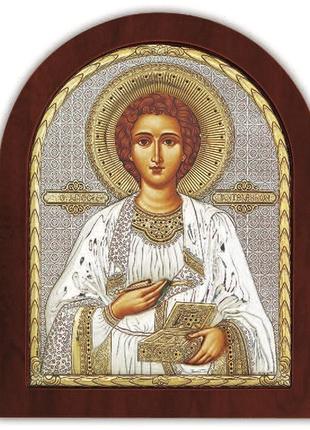 Икона святой пантелеймон целитель 13х11см в серебре 925 украшена сусальным золотом1 фото