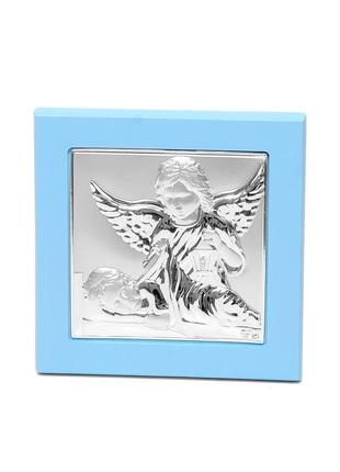 Срібна ікона ангел хранитель з немовлям 11х11см у синьому дереві у подарунок для хлопчика1 фото