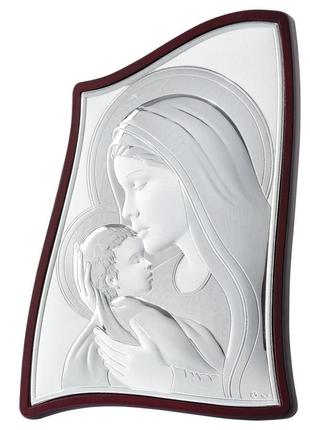 Серебряная икона "мария с младенцем" на деревяном киоте волнистой формы 11х8см
