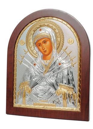 Серебряная икона семистрельная божья матерь 14,7х18см арочной формы на дереве7 фото