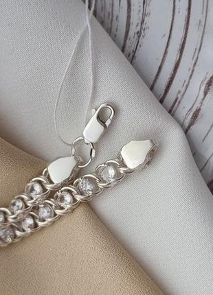Серебряный браслет с плетением арабский бисмарк с цирконами, 17 см8 фото