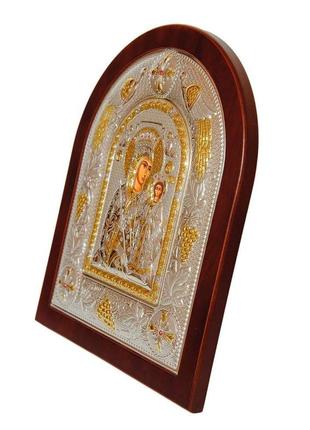 Икона божья матерь благоуханный цвет 29х24см в серебряном окладе с позолотой на деревяном кионе