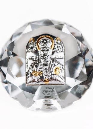 Ікона миколая чудотворця срібна в кришталі 6,1х6,1 см