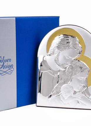 Серебряная икона святая семья с позолотой арочной формы 10,4х8,3см без рамки