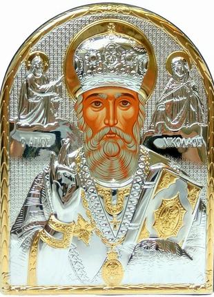 Серебряная икона николай чудотворец 16,5x21,5см обрамленная в кожаную оправу1 фото
