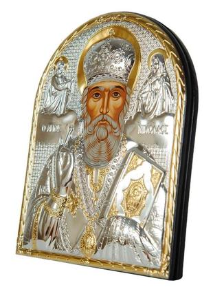 Серебряная икона николай чудотворец 16,5x21,5см обрамленная в кожаную оправу2 фото