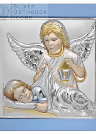 Дитяча іконка ангел хранитель 15х15см у сріблі, вкрита різнобарвною емаллю, у синьому дереві1 фото