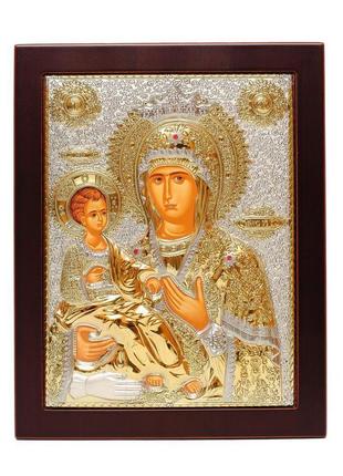 Уникальная икона божьей матери троеручица 10х8,5см в серебряном окладе1 фото