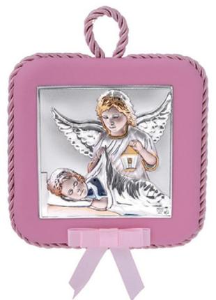 Серебряная детская иконка ангел хранитель 10,5х10,5 см на розовой подушечке с музыкой покрытый эмалью