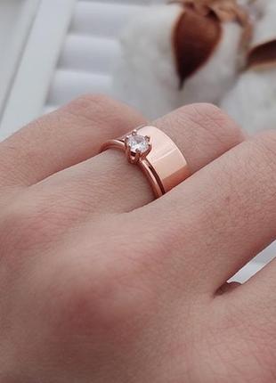 Серебряное двойное широкое кольцо с позолотой как обручальное с цирконом4 фото