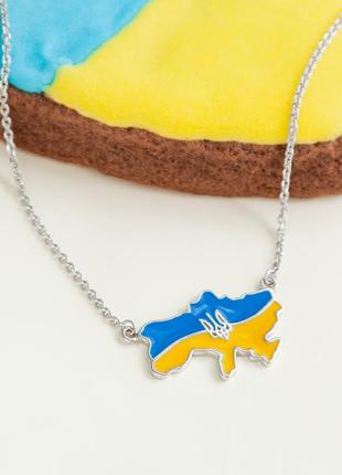 Колье серебряное границы украины с тризубцем на тонкой цепочке с голубо-желкой эмалью5 фото