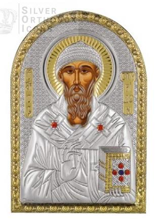 Серебряная икона святой спиридон 10х14см арочной формы на пластиковой основе