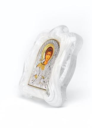 Серебряная икона ангела хранителя в белом муранском стекле 7х9см3 фото