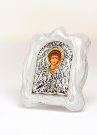Серебряная икона ангела хранителя в белом муранском стекле 7х9см2 фото