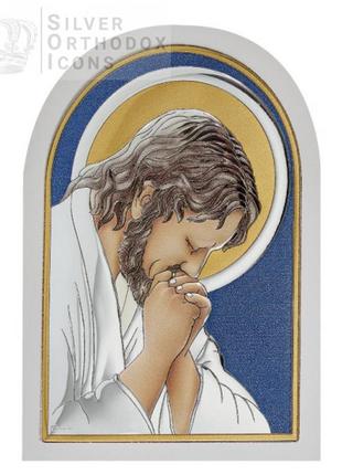 Серебряная икона "молящийся иисус" 7,5х9,5см фон покрытый синей эмалью