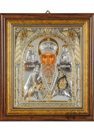 Серебряная икона святой николай чудотворец 30,5х28,5см в прямоугольном киоте под стеклом