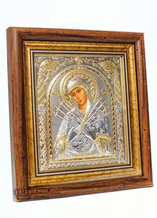 Серебряная икона божья матерь семистрельная 30,5х28,5см в прямоугольном киоте под стеклом3 фото