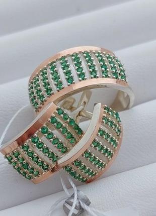Гарнитур серебряный кольцо и серьги магия с золотом и зелеными фианитами4 фото