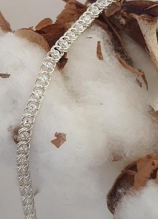 Цепочка серебряная с белыми цирконами плетением арабский бисмарк легкий9 фото