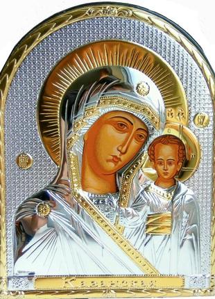 Серебряная икона казанская божья матерь 16,5x21,5см обрамленная в кожаную оправу1 фото