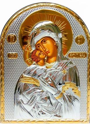 Серебряная икона владимирская божья матерь 10,5x8,5см обрамленная в кожаную оправу